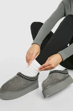 Flats|Cosy Boots*boohoo Embroidered Detailing Platform Slip On Faux Fur Lined Mules grey