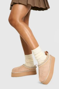 Flats*boohoo Embroidered Detailing Platform Slip On Faux Fur Lined Mules mocha