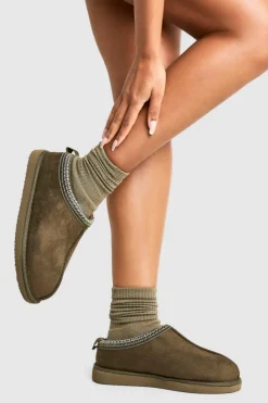Cosy Boots|All Boots*boohoo Embroidered Detailing Slip On Cosy Mules olive