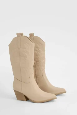 Knee High Boots|Cowboy Boots*boohoo Embroidered Knee High Western Boots taupe