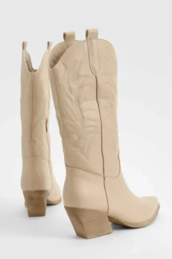 Knee High Boots|Cowboy Boots*boohoo Embroidered Knee High Western Boots taupe
