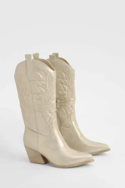 Knee High Boots|Cowboy Boots*boohoo Embroidered Knee High Western Boots gold