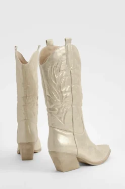 Knee High Boots|Cowboy Boots*boohoo Embroidered Knee High Western Boots gold
