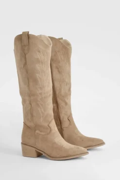 Knee High Boots|Cowboy Boots*boohoo Embroidered Knee High Western Boots taupe
