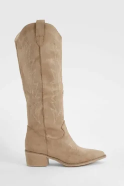 Knee High Boots|Cowboy Boots*boohoo Embroidered Knee High Western Boots taupe
