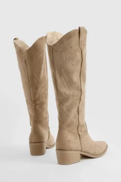Knee High Boots|Cowboy Boots*boohoo Embroidered Knee High Western Boots taupe