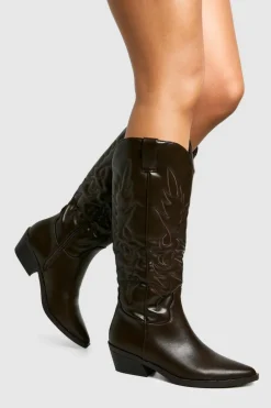 Knee High Boots|Cowboy Boots*boohoo Embroidered Knee High Western Boots brown
