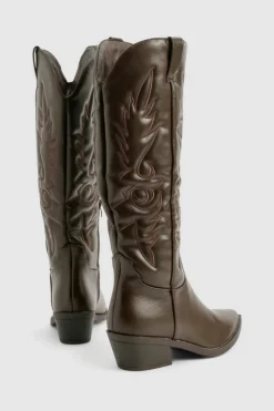 Knee High Boots|Cowboy Boots*boohoo Embroidered Knee High Western Boots brown