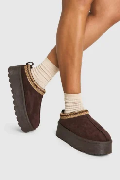 Cosy Boots|All Boots*boohoo Embroidered Platform Cosy Mules chocolate