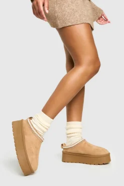 Cosy Boots*boohoo Embroidered Platform Cosy Mules sand
