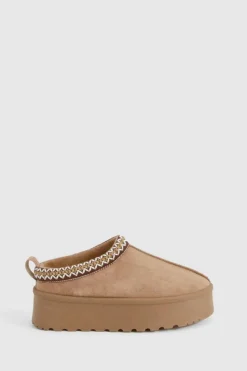 Cosy Boots|All Boots*boohoo Embroidered Platform Cosy Mules mocha