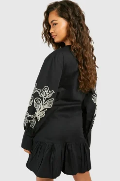Smock Dresses*boohoo Embroidered Poplin Mini Dress black