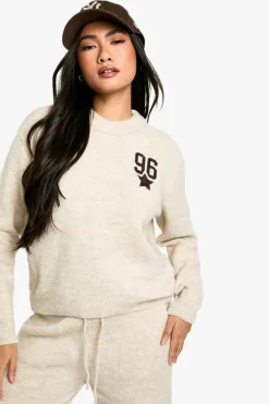 Knitted Co-Ords*boohoo Embroidered Star Detail Oversized Crew Neck Knitted Jumper And Wide Leg Trouser Tracksuit cream