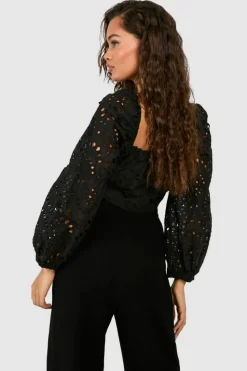 Long Sleeve Tops*boohoo Embroidery Long Sleeve Crop Top black