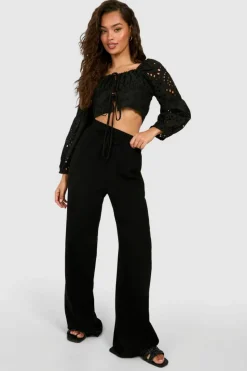 Long Sleeve Tops*boohoo Embroidery Long Sleeve Crop Top black