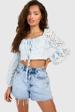 Long Sleeve Tops*boohoo Embroidery Long Sleeve Crop Top blue