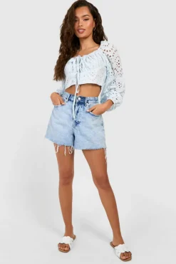 Long Sleeve Tops*boohoo Embroidery Long Sleeve Crop Top blue