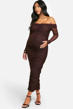 Bodycon Dresses|Long Sleeve Dresses*boohoo Emily Shak Maternity Slinky Off The Shoulder Long Sleeve Ruched Midaxi Dress chocolate
