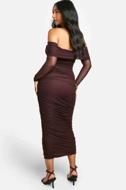 Bodycon Dresses|Long Sleeve Dresses*boohoo Emily Shak Maternity Slinky Off The Shoulder Long Sleeve Ruched Midaxi Dress chocolate