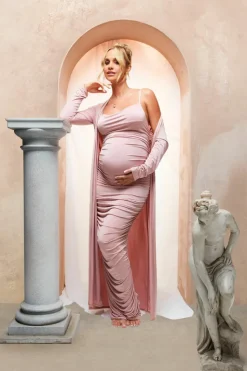 Bodycon Dresses|Maxi Dresses*boohoo Emily Shak Maternity Strappy Cowl Neck Dress And Duster Coat pink