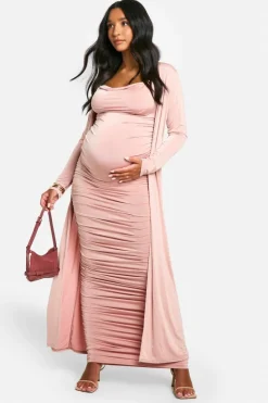 Bodycon Dresses|Maxi Dresses*boohoo Emily Shak Maternity Strappy Cowl Neck Dress And Duster Coat pink