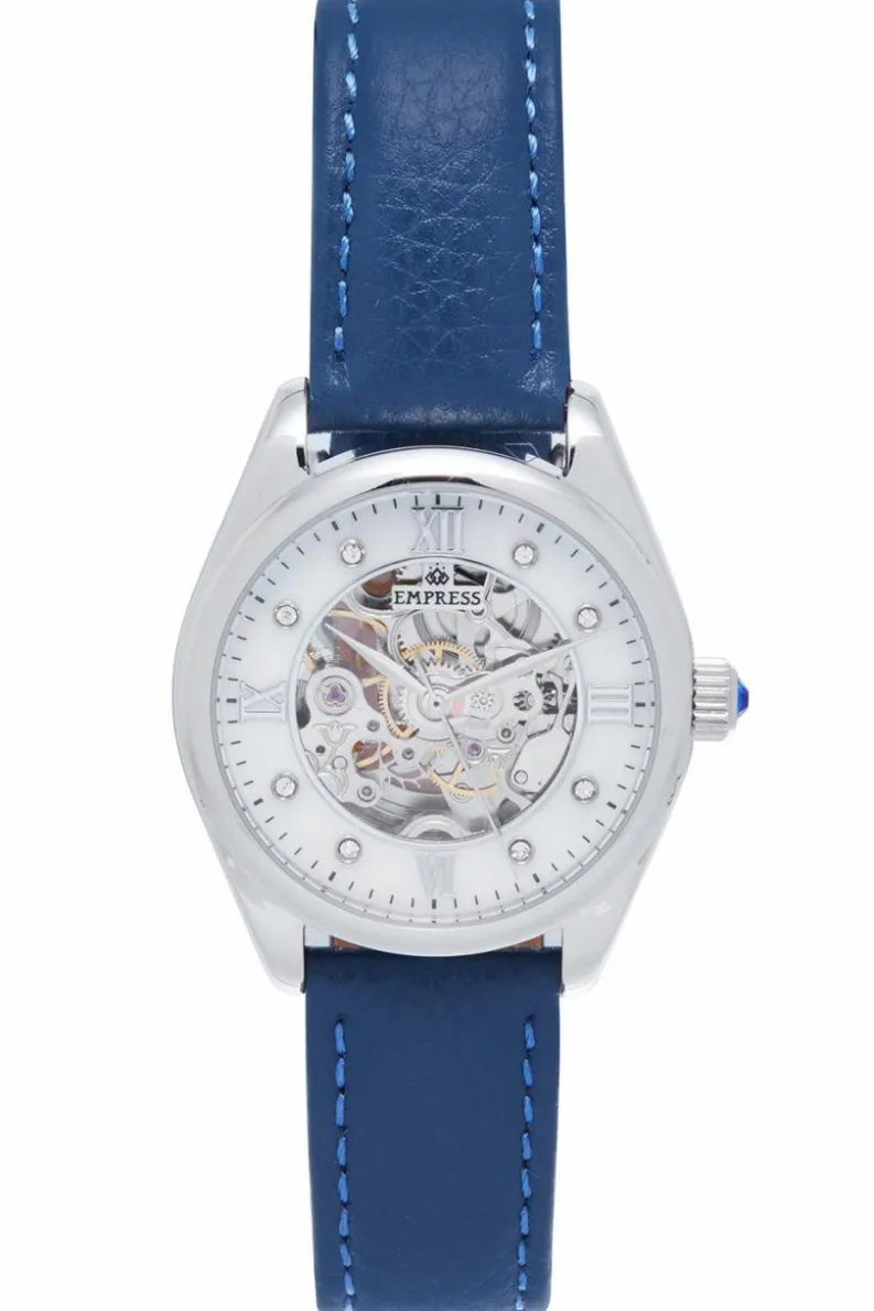 Watches*Empress Magnolia Automatic MOP Skeleton Dial Leather-Band Watch Blue