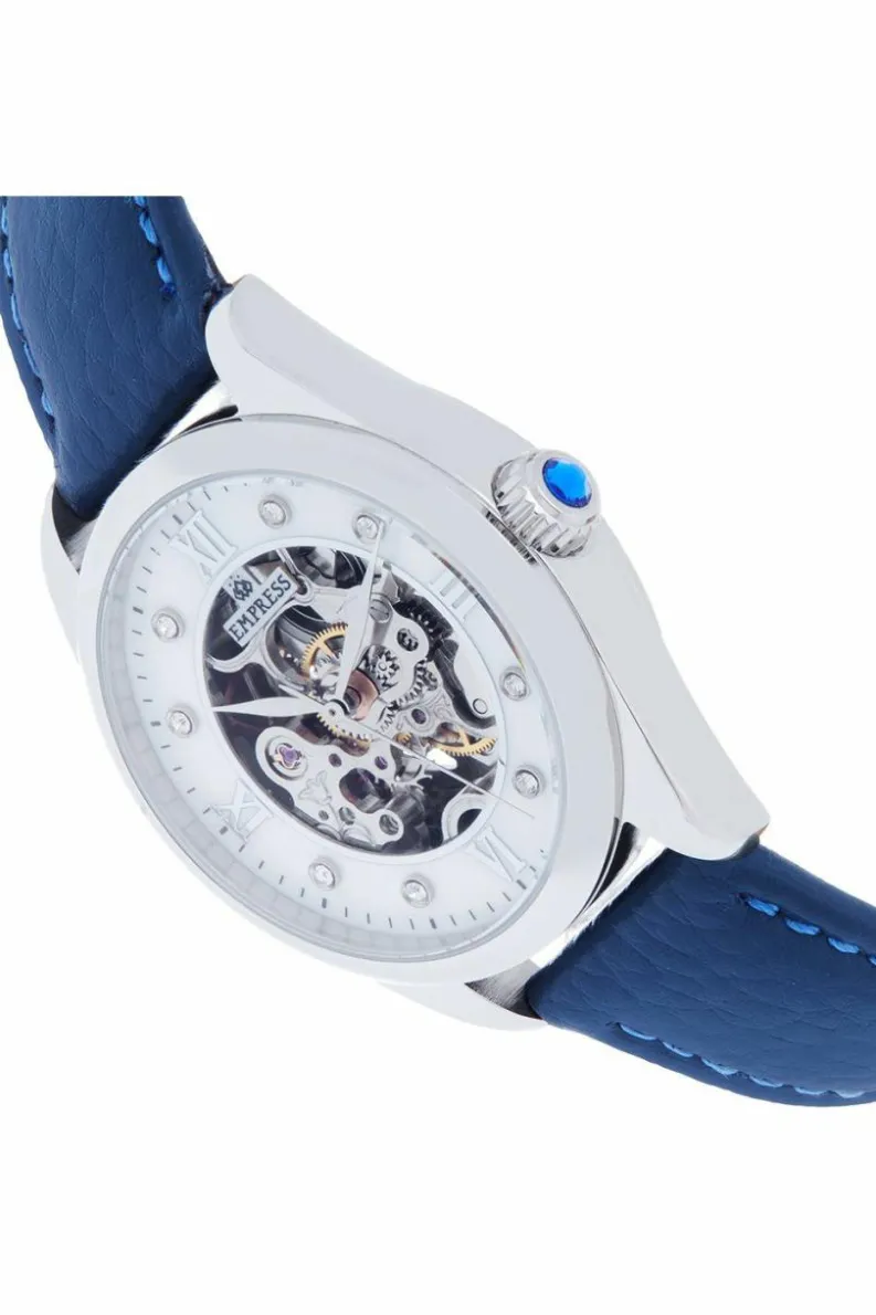 Watches*Empress Magnolia Automatic MOP Skeleton Dial Leather-Band Watch Blue