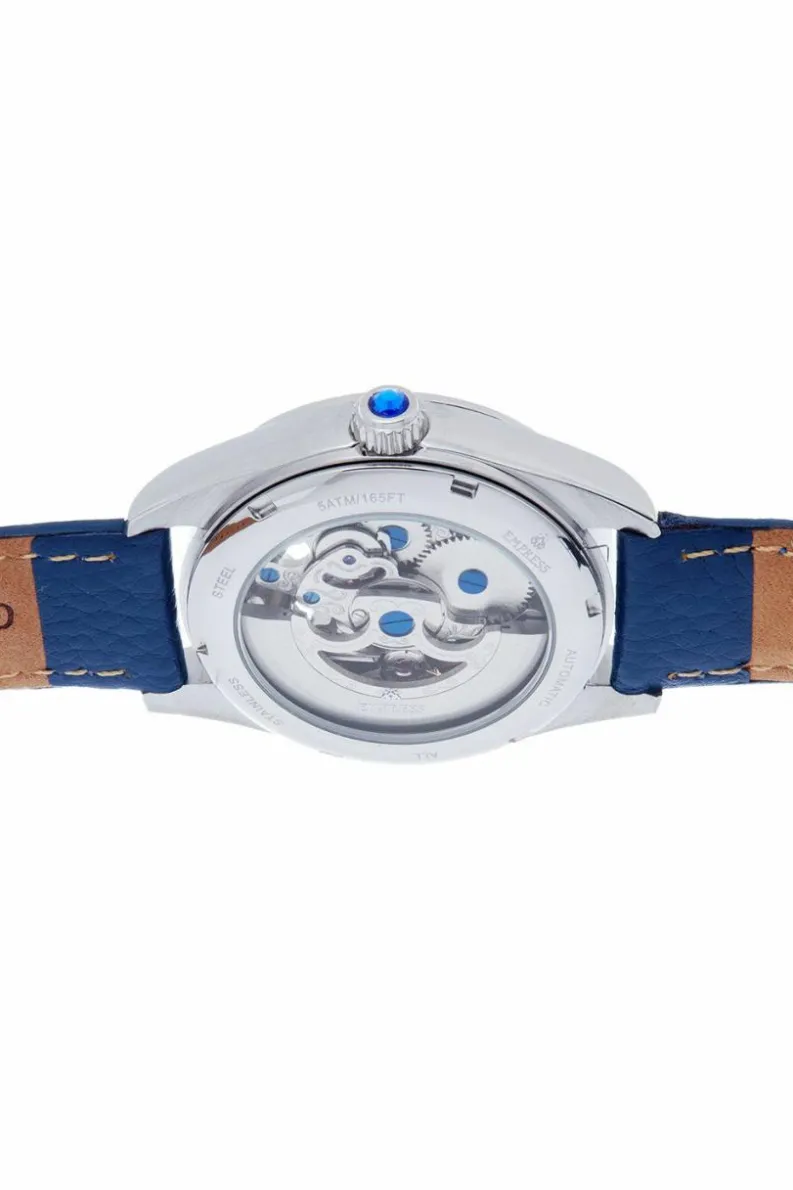 Watches*Empress Magnolia Automatic MOP Skeleton Dial Leather-Band Watch Blue
