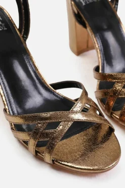 Sandals*Where's That From Erin' Wide Fit Mid Block Heel With Cross Over Strap Detailing Gold