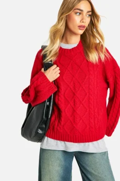 Oversized Jumpers*boohoo Exposed Seam Cable Knit Jumper red