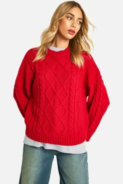Oversized Jumpers*boohoo Exposed Seam Cable Knit Jumper red