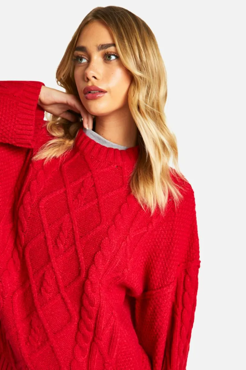 Oversized Jumpers*boohoo Exposed Seam Cable Knit Jumper red