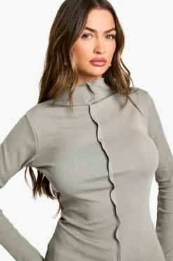 Long Sleeve Tops*boohoo Exposed Seam Long Sleeve Rib Top silver grey