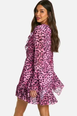 Mini Dresses|Long Sleeve Dresses*boohoo Extreme Ruffle Chiffon Leopard Shift Dress pink