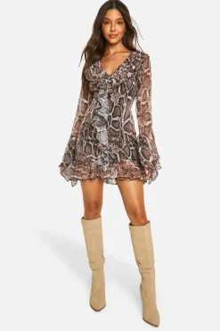 Mini Dresses|Long Sleeve Dresses*boohoo Extreme Ruffle Chiffon Snake Shift Dress brown