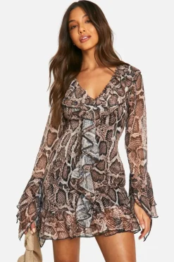 Mini Dresses|Long Sleeve Dresses*boohoo Extreme Ruffle Chiffon Snake Shift Dress brown