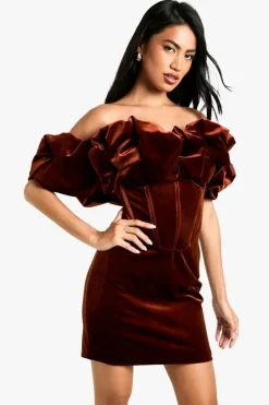Bodycon Dresses|Mini Dresses*boohoo Extreme Ruffle Velvet Mini Dress chocolate