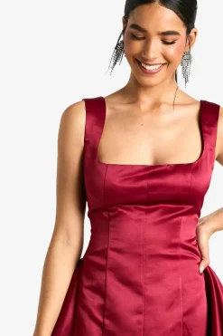 Skater Dresses*boohoo Extreme Satin Structu Square Neck Skater Dress red