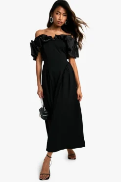Skater Dresses*boohoo Extreme Taffeta Ruffle Bardot Structured Midaxi Skater Dress black