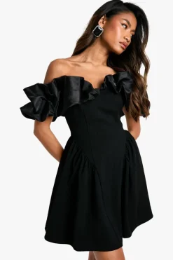 Skater Dresses|Mini Dresses*boohoo Extreme Taffeta Ruffle Bardot Structured Skater Dress black