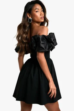 Skater Dresses|Mini Dresses*boohoo Extreme Taffeta Ruffle Bardot Structured Skater Dress black