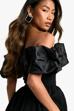 Skater Dresses|Mini Dresses*boohoo Extreme Taffeta Ruffle Bardot Structured Skater Dress black