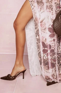 Heels*boohoo Eyelet Bow Backless Court Shoes chocolate