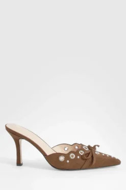 Heels*boohoo Eyelet Bow Backless Court Shoes chocolate