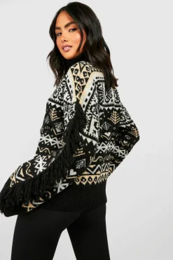 Oversized Jumpers*boohoo Fairisle Knitted Jumper With Fringing black