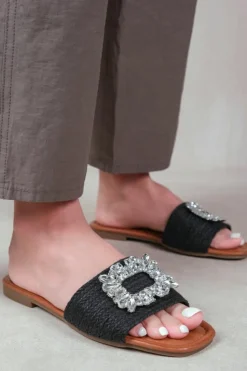 Sandals*Where's That From Farrah' Flat Sandals With Embellished Detail Single Band Black