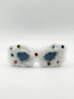 Sunglasses*SVNX Faux Fur Cateye Sunglasses with Multicoloured Gems White