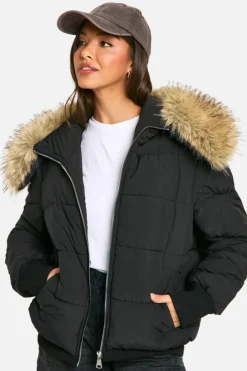 Up To 80% Off Winter Warmers|Puffer Jackets*boohoo Faux Fur Collar Puffer Jacket black
