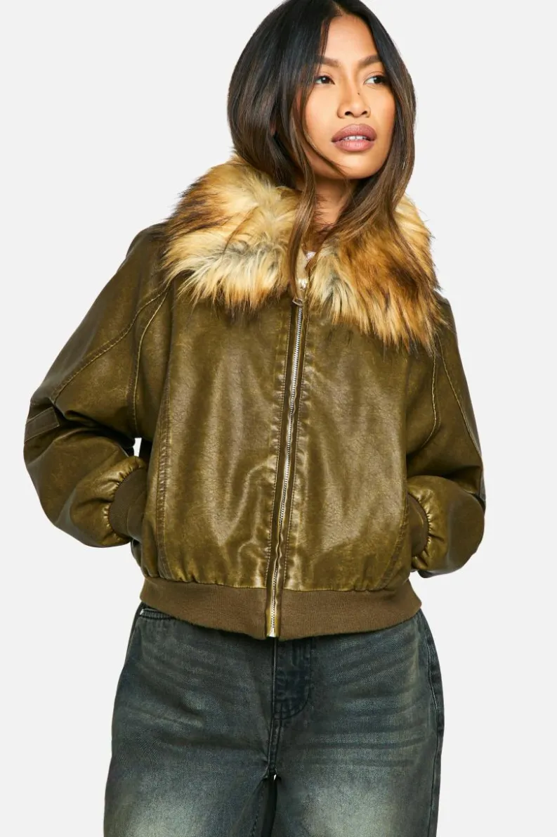 Up To 80% Off Winter Warmers|Bomber Jackets*boohoo Faux Fur Collar Vintage Look Faux Leather Bomber Jacket brown