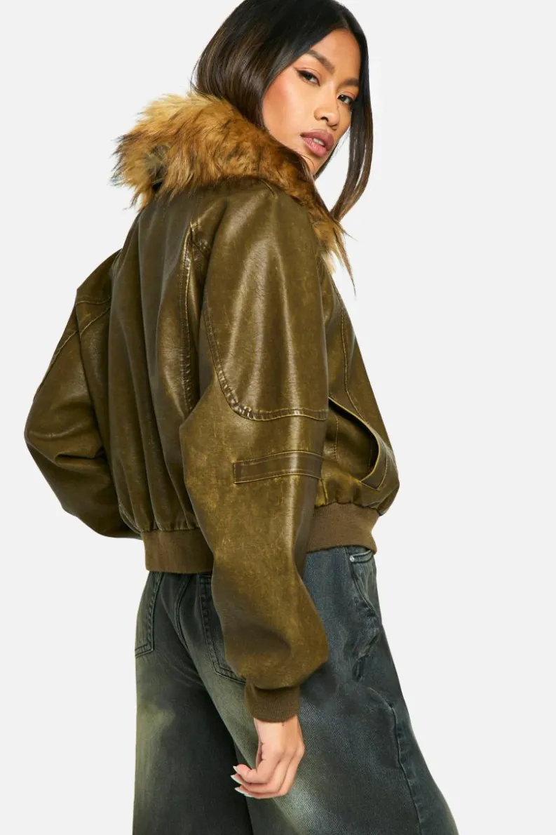 Up To 80% Off Winter Warmers|Bomber Jackets*boohoo Faux Fur Collar Vintage Look Faux Leather Bomber Jacket brown